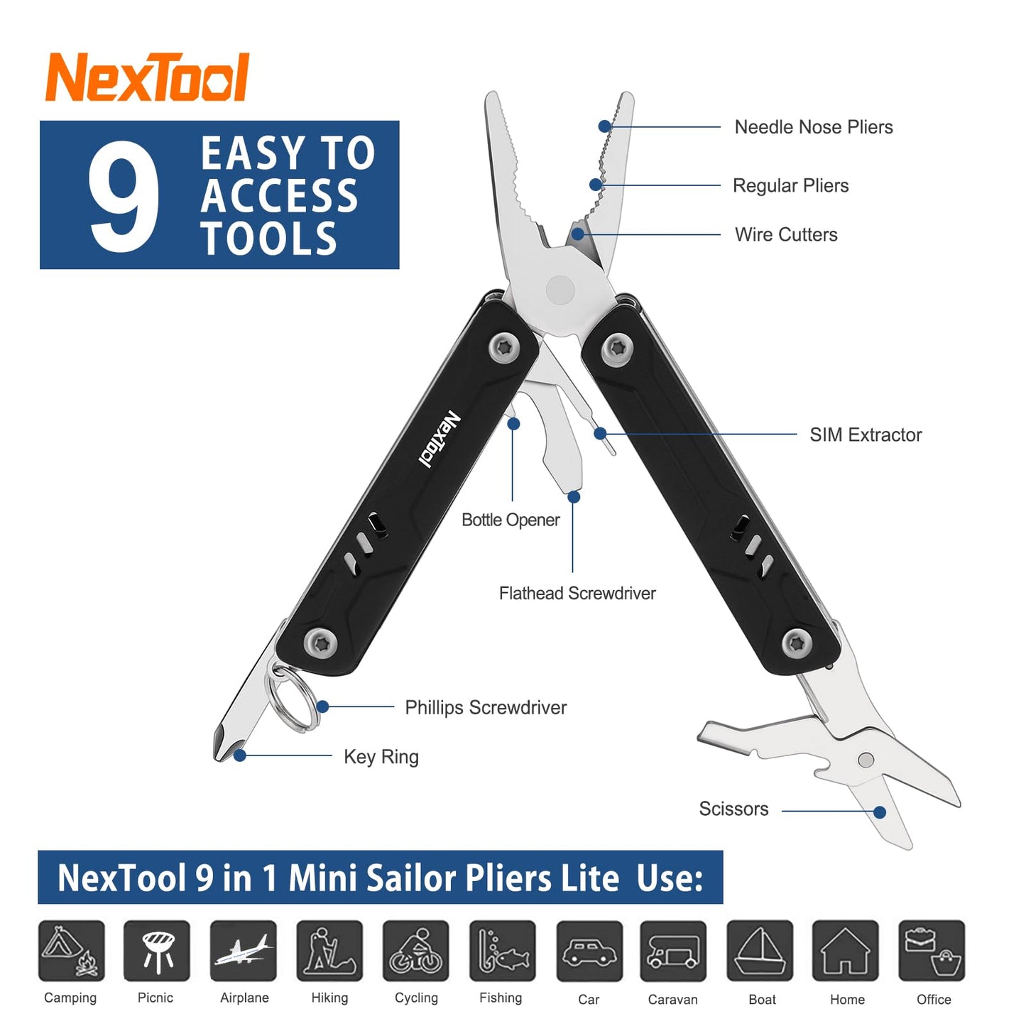 NexTool Mini Multitool - 9 in 1 Keychain Multitool with Needle Nose Pliers, Scissors, SIM Extractor and Screwdrivers for Travel, EDC, TSA Approved