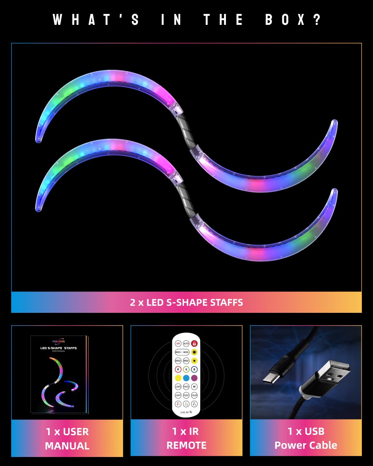 LED POI Staffs S-Shape with 241 Color Light Modes USB Rechargeable Magic LED S-Staffs Customized Colors, Profound Visual Effect