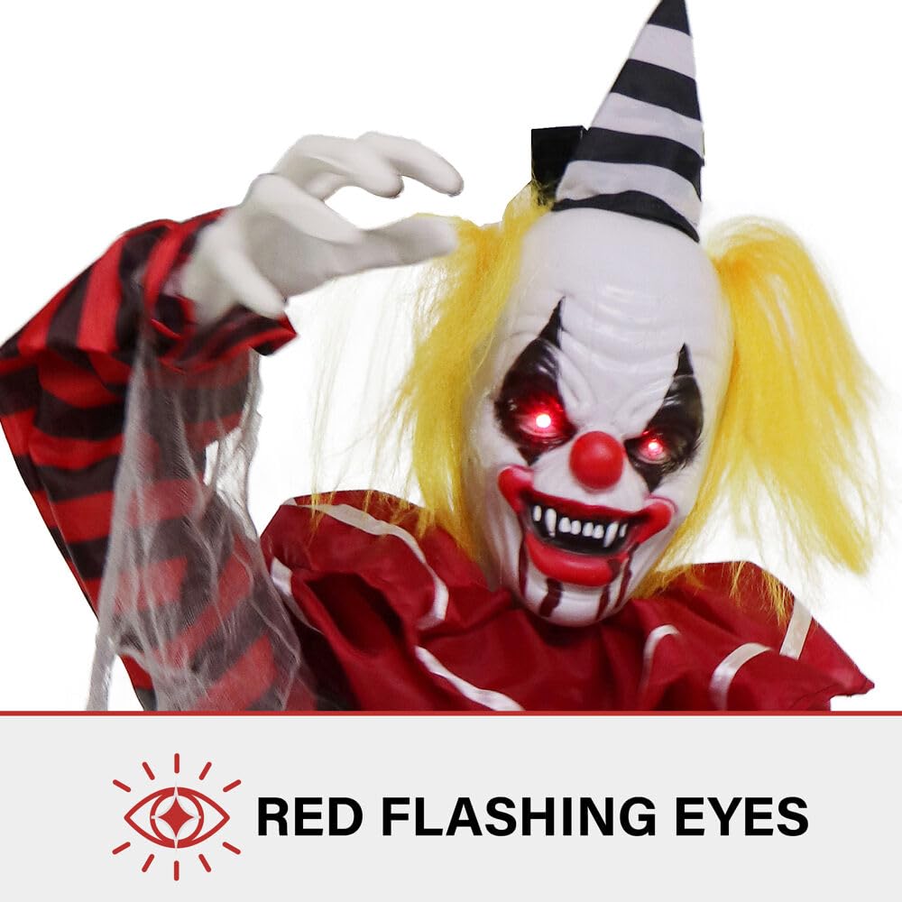 Haunted Hill Farm Animatronic Twisting, Talking Clown Greeter with Folding Door Hook for Scary Hanging Halloween Decoration