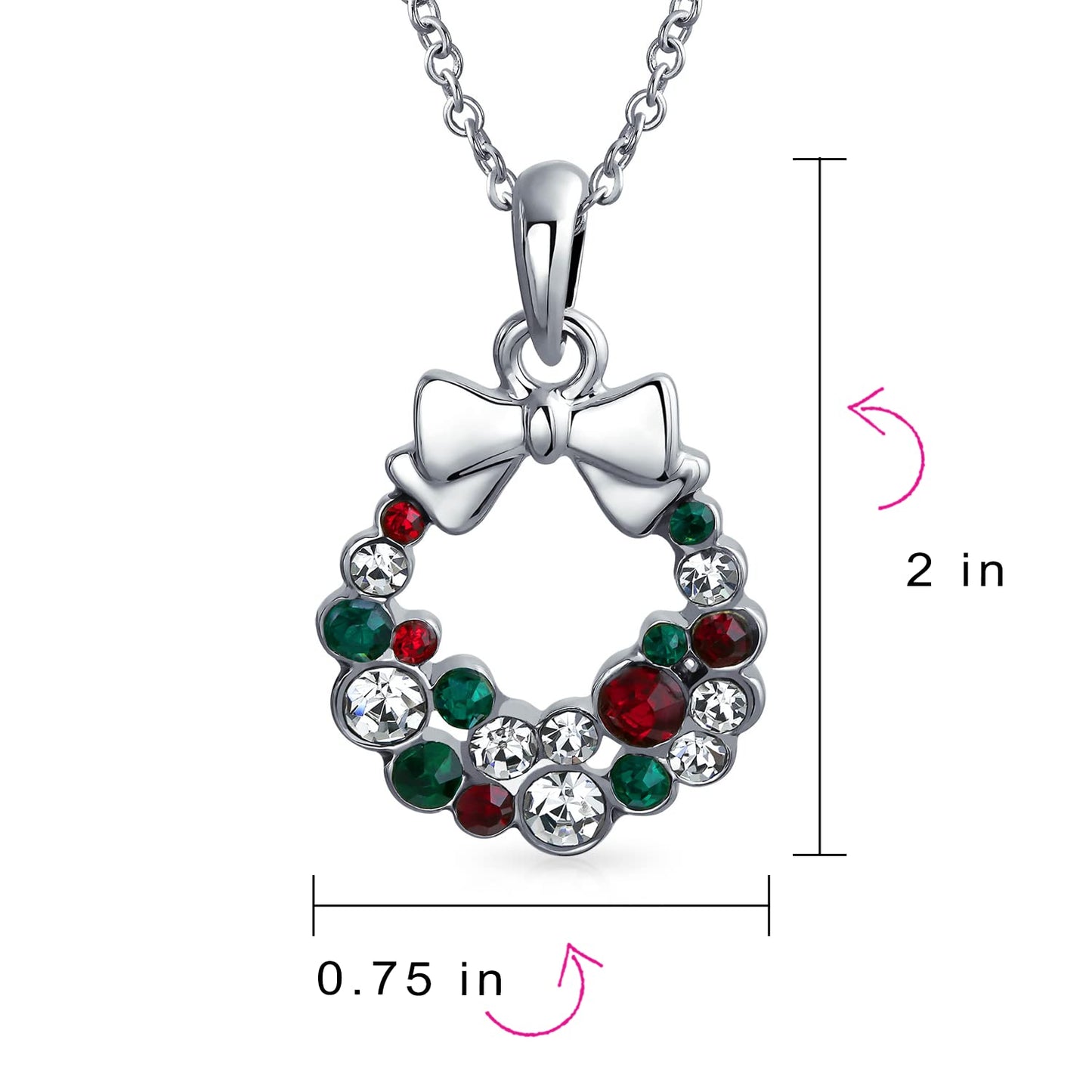 Bling Jewelry Fashion Sparkling Christmas Bow Red Green White Crystal Holiday Wreath Pendant Necklace For Women Teen Crystal Silver Plated