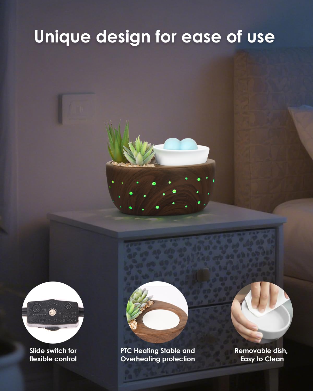 LUXARAPY Ceramic Wax Melt Warmer, 4-in-1 Electric Wax Warmer with PTC Heating Plate and LED Lighting, Succulent Bowl for Wax Melting, Mug Warming, Oil Diffusion, Home Office Spa Decor