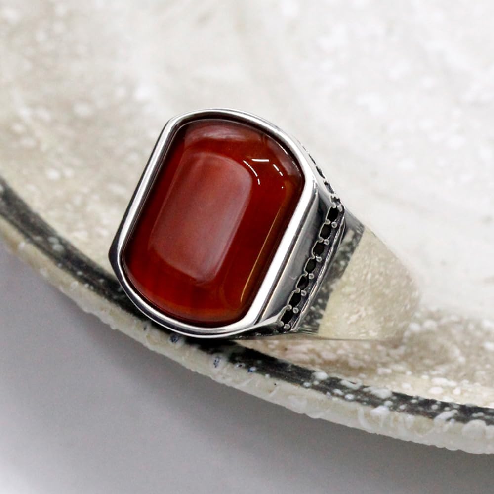 Fashion S925 Silver Ring Simple Smooth Design Men's Ring Set Small Zircon with Natural Curved Black Agate Luxury Türkiye Jewelry Christmas Gift (11, Red)