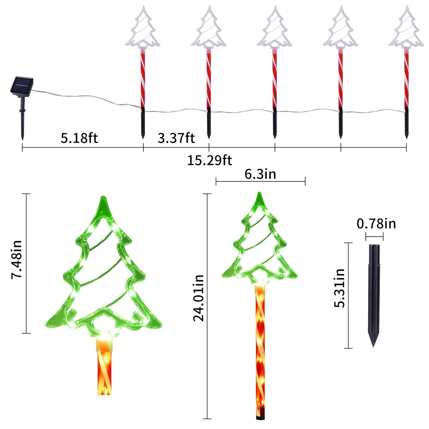 Christmas Solar Pathway Lights Outdoor Decorations, 8 Modes Xmas Tree Candy Lights Waterproof Led Garden Stake Light for Walkway Yard Lawn Porch Holiday Decor 5-Pack (Red Tube Tree, 5 Pack)