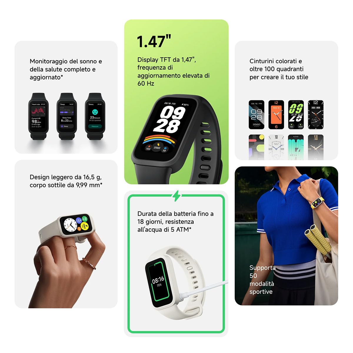 Xiaomi Smart Band 9 Active Global Version 1.47'' Display 18-Day Battery Life Modes All-Day Health and Fitness Monitoring 5ATM (Black)