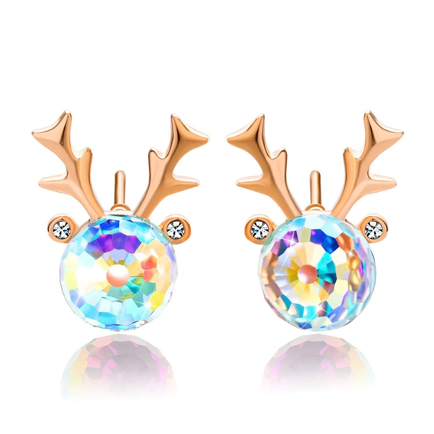 Christmas Earrings for Women Reindeer Earrings Austrian Crystal Stud Earrings Hypoallergenic Christmas Jewelry Holiday Jewelry Gift (Aurora Borealis)