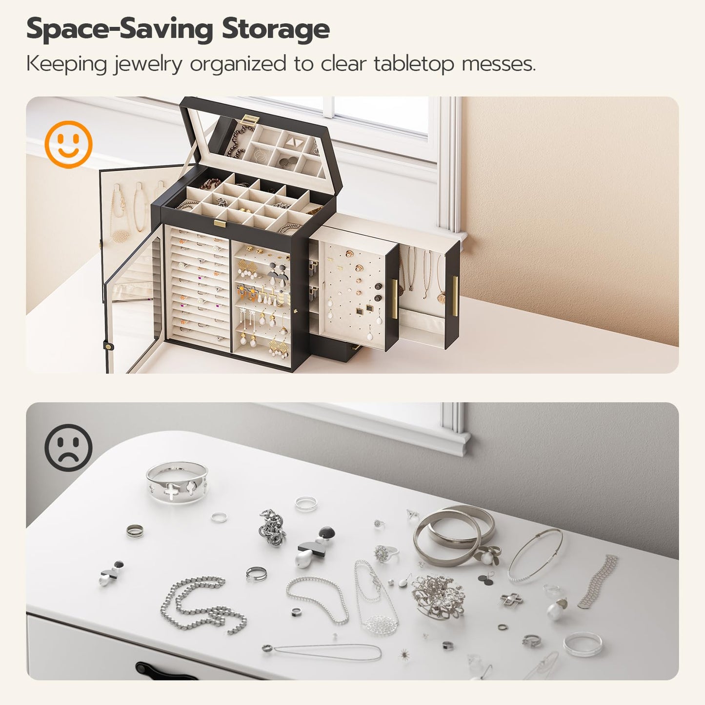 HOOBRO Jewelry Box with Mirror, Travel Jewelry Organizer with Glass Window, Vertical Storage, Christmas Gift, Gift for Loved Ones, for Earrings, Rings, Necklaces, Bracelets, Black BK03JB04G2