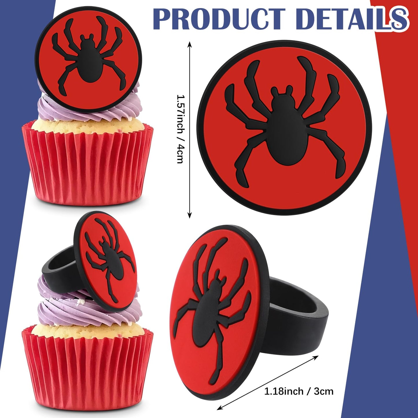 RoundFunny 48 pcs Spider Cupcake Rings, Spider Cake Toppers, Dessert Decorations for Birthday Parties Birthday Party Gifts Classroom Prizes (red/blue/black)