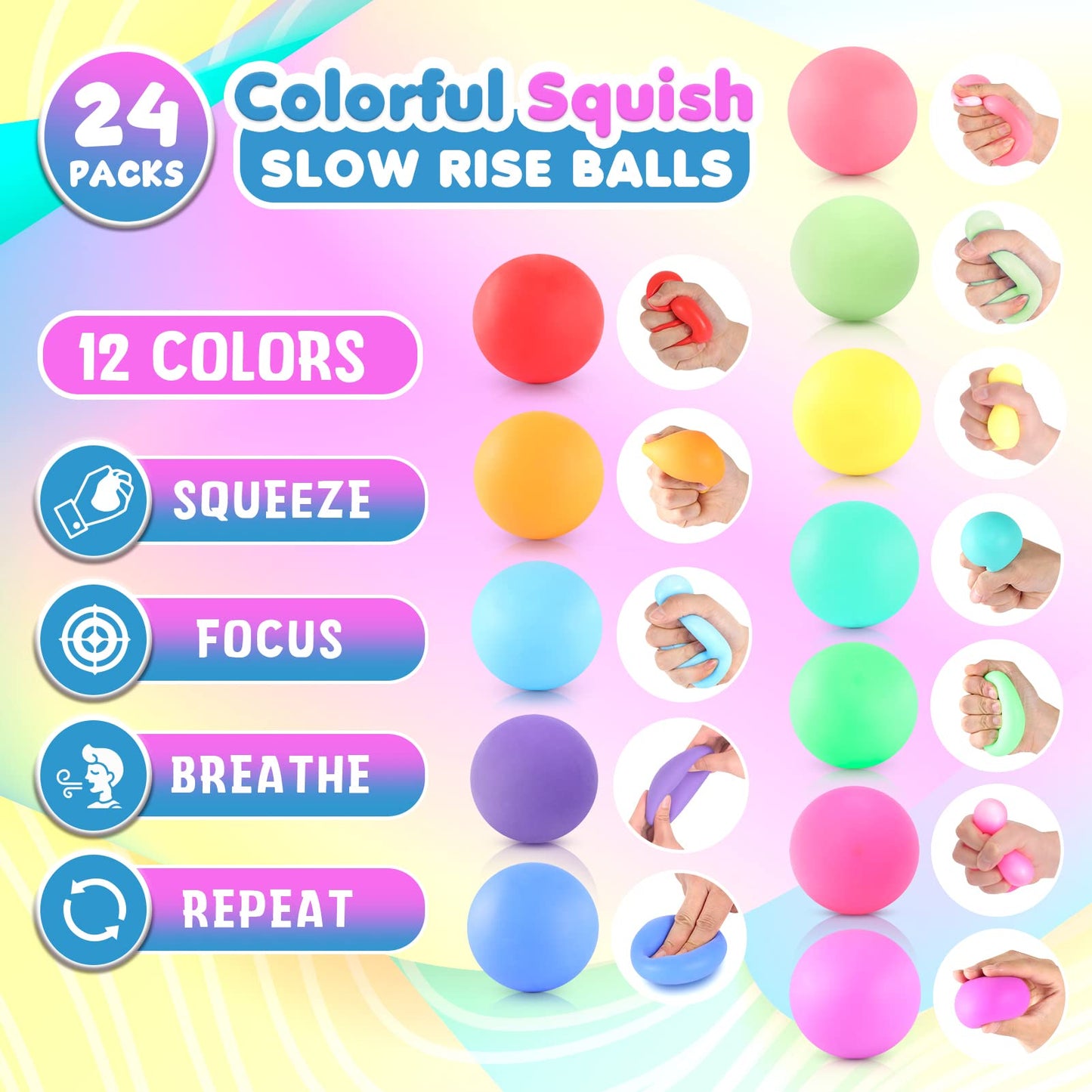 Slow Rising Stress Ball 24 Pack, Stretchy Fidget Ball for Anxiety Stress Relief, Hand Therapy Sensory Squishy Ball, Pull Stretch Fidget Toy for Students, Classroom Prize Box Toys