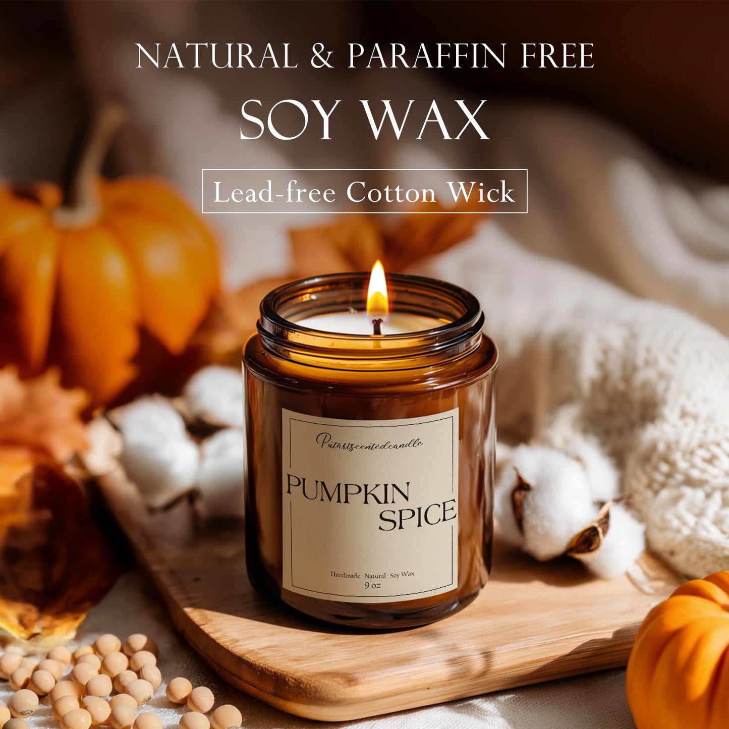 Putart Pumpkin Spice Scented Candles for Home, Natural Soy Wax Aromatherapy Non Toxic Pumpkin Fall Candle Gifts for Women Men, Autumn Amber Glass Jar Candle Decoration for Halloween Holidays (9oz