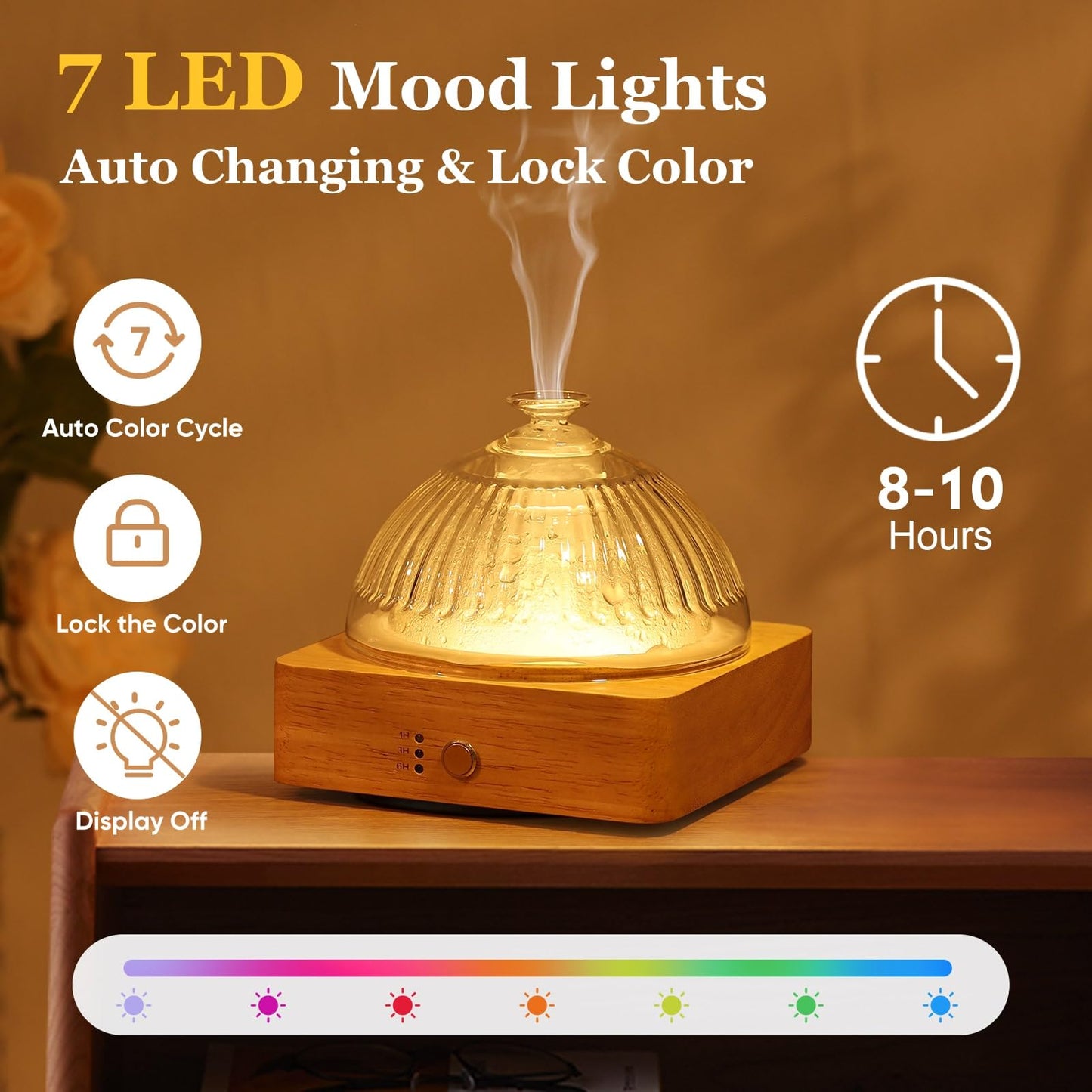 Lecdura Glass Essential Oil Diffuser with Glass Reservoir & Wood Base, 200ml Ultrasonic Lock Color Timer Auto-Off 7 Color Light Aroma Glass Dome Diffuser for Home Office Bedroom Yoga