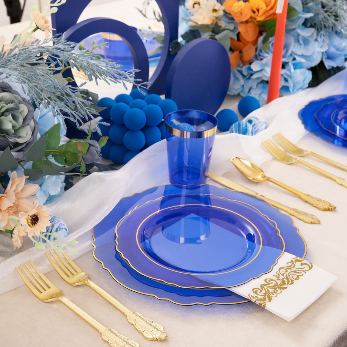 KIRE 210Pcs Blue Plastic Plates with Gold Rim& Disposable Plastic Silverware &Blue Cups&Hand Napkin- Baroque Clear Dinnerware for Parties/Wedding
