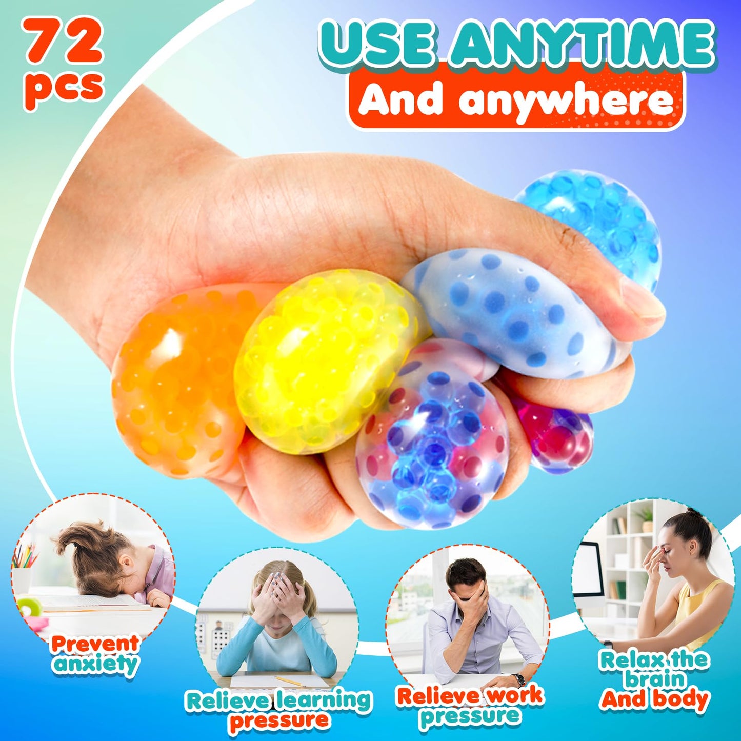 Squishy Stress Balls Fidget Toys - 72 Pack Squishy Toys Stress Ball for Anxiety, Fidget Stress Toys Bulk, Squeeze Balls for Adult with ADHD- Fidgets for Classroom Prize Box Toys, Classroom Must Haves