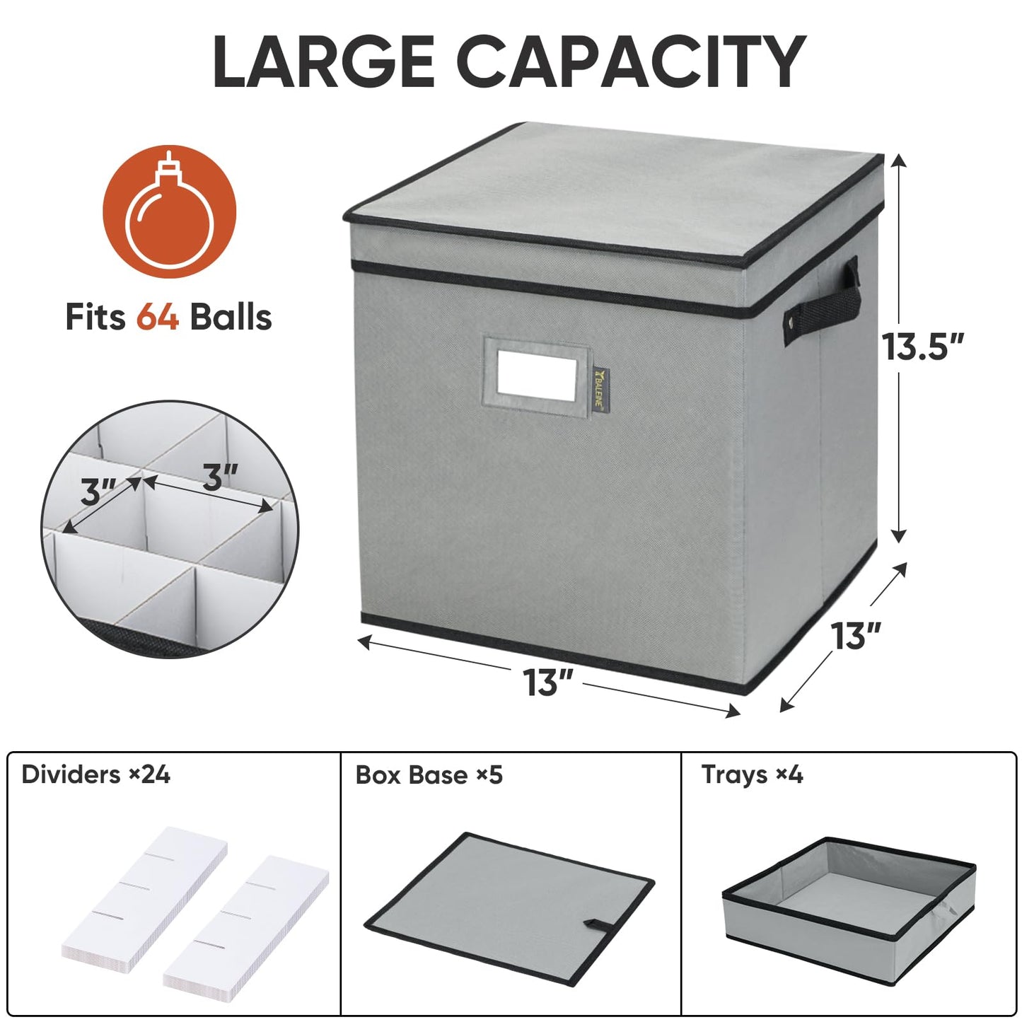 BALEINE Christmas Ornament Storage Box with Dividers, Premium Holiday Ornaments Storage Container Bin for Xmas Decorations (64 Ball, Grey)