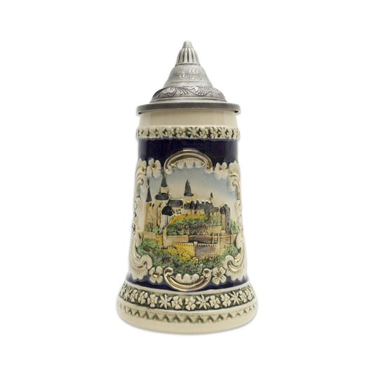 Essence of Europe Gifts 0.6 Liter German Beer Stein with Lid - Engraved Hand Painted Medieval Castle Beer Steins Mug - Oktoberfest Ceramic Tankard Beer Mug