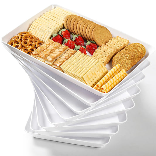 8 Pack, 16" x 11" Large White Serving Trays Set - Reusable Plastic Serving Platters for Cookie, Appetizer, Charcuterie, Snack, Dessert, Party Food Display - Stackable Kitchen CounterTop Tray, BPA Free