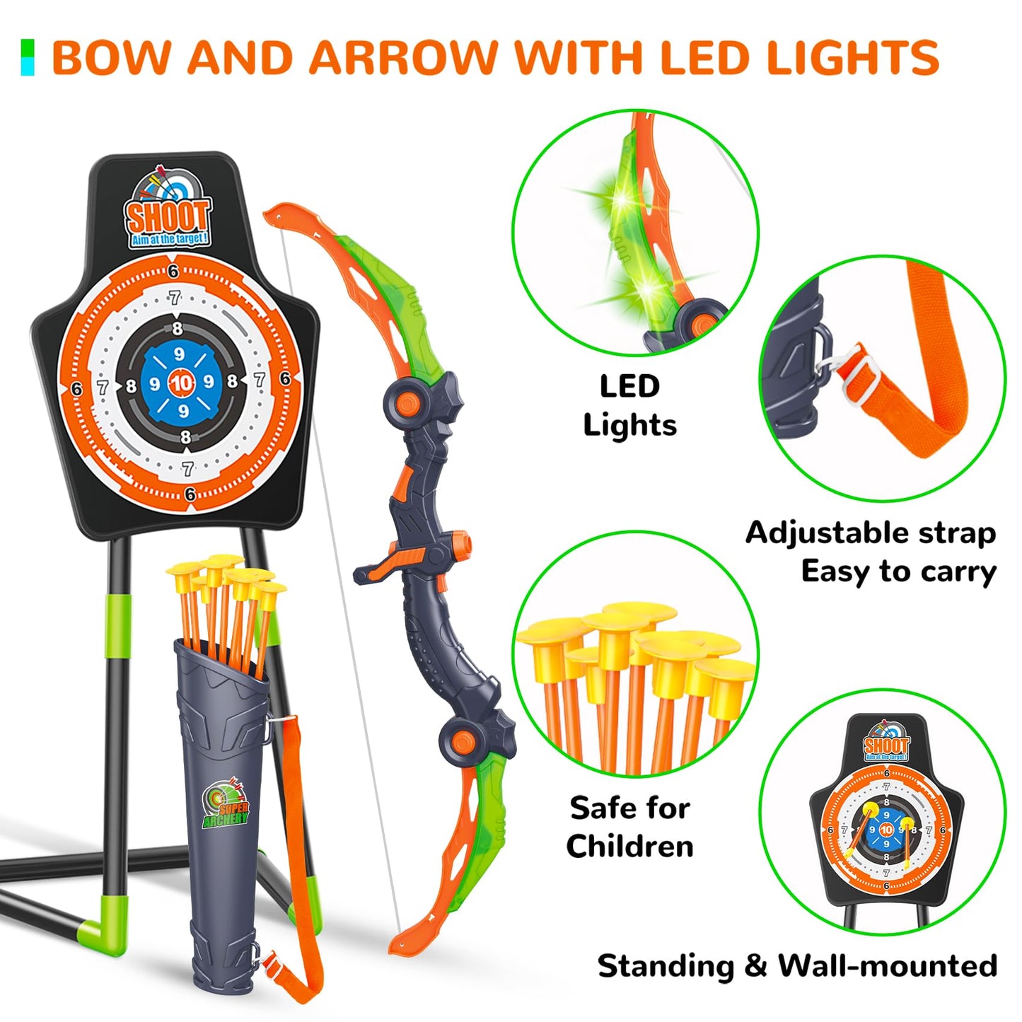 GMAOPHY Bow and Arrow for 5 6 7 8 9 10 11+ Year Old Boys, Birthday Gift for Kids, Indoor Outdoor Activity Toys, 2 Pack LED Light Up Archery Toy with 20 Suction Cup Arrows, Standing Target, 2 Quiver