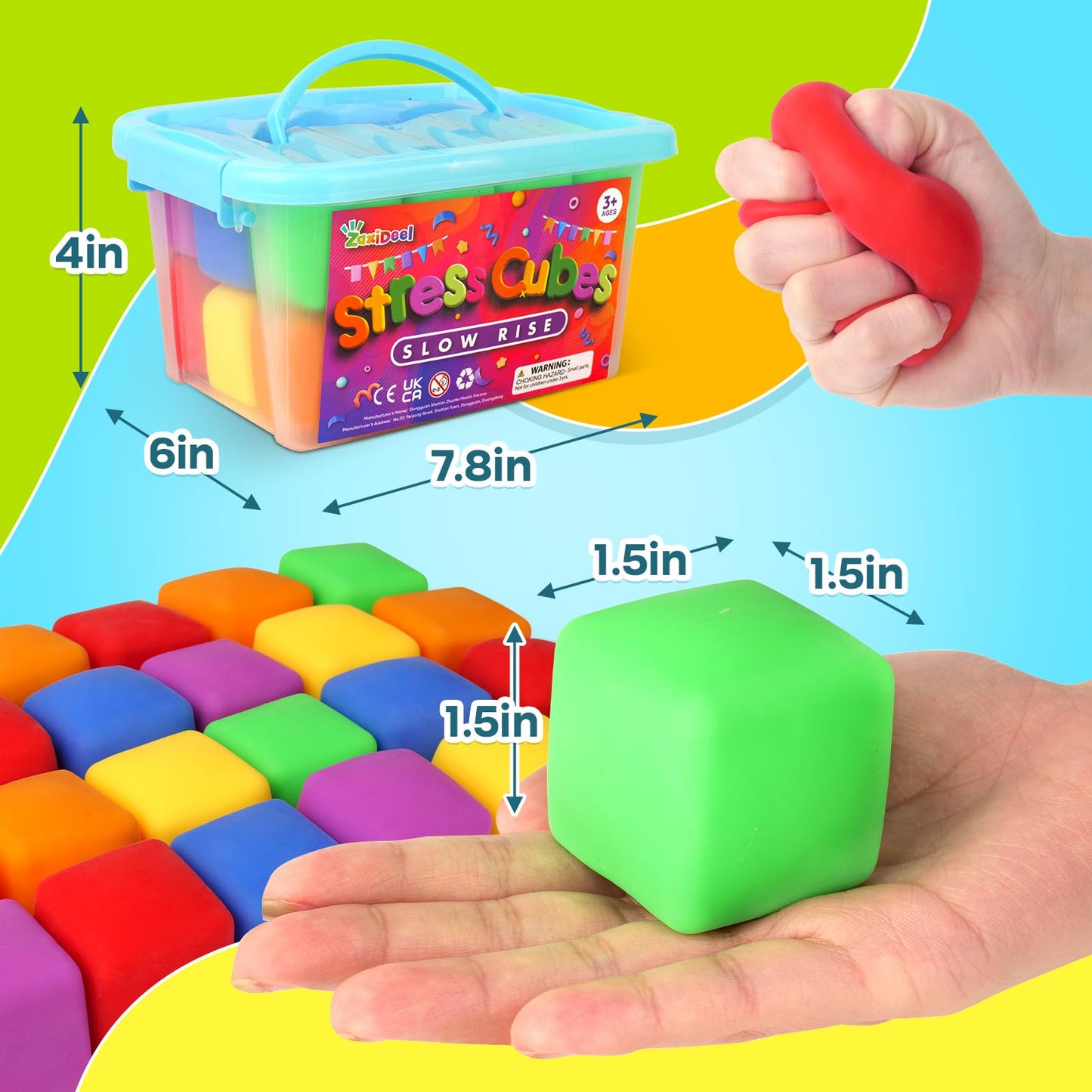 24 Pack Mini Slow Rise Stress Cube: Pull Stretch Fidget Toys for Anxiety Relief, Dough Squishy Toys Bulk for Kids, Classroom Prize Box Toys, Fidgets for Classroom, Hand Therapy Sensory Squishy Ball