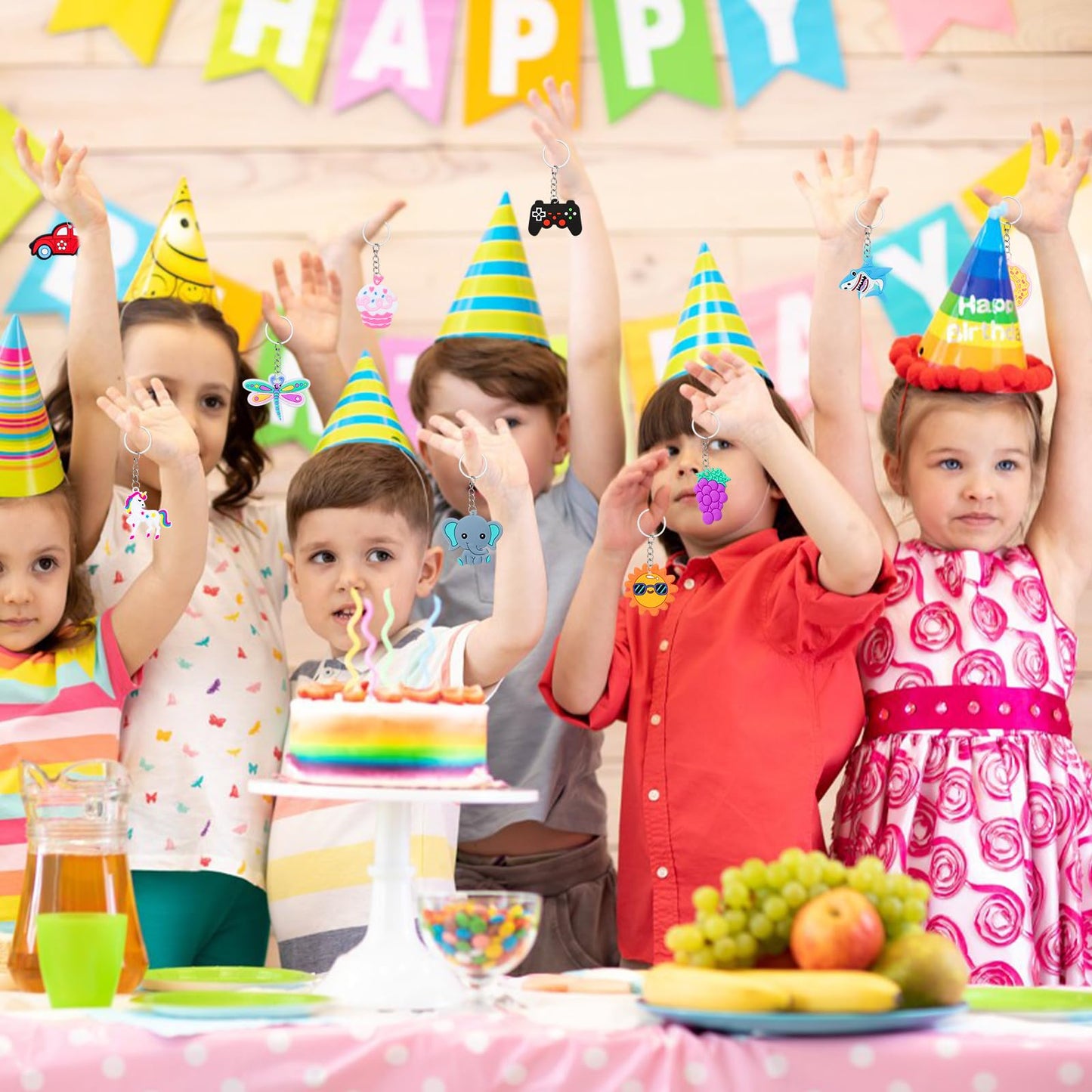 65PCs Party Favors Cartoon Keychains for Kids, Keychain Bulk for Birhtday Party, Unicorn Dinosaur Mermaid Animal Sea Dount Flower Video Ball Bulk Keychains for Party Bag Fillers Goodie Bag Stuffers