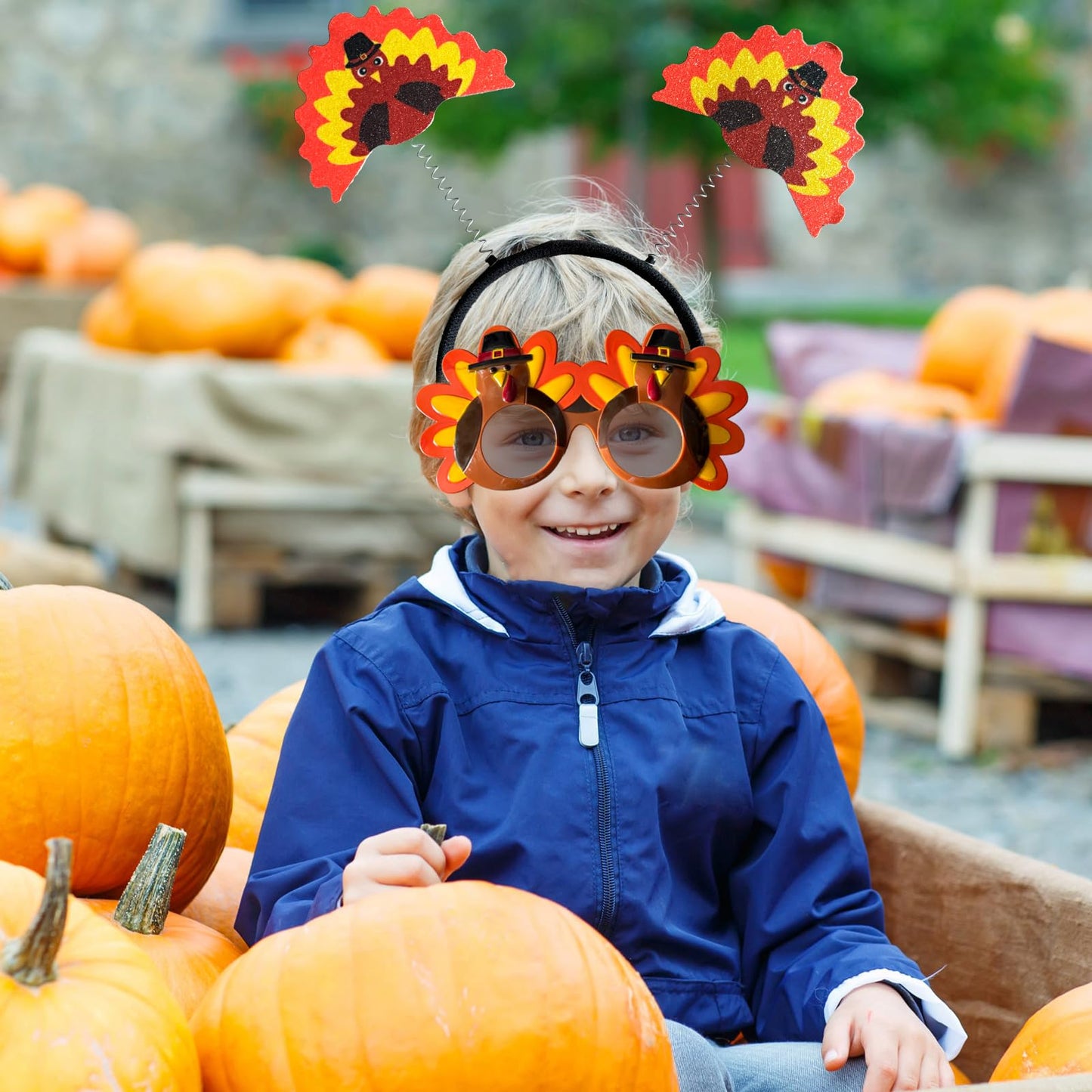 Jovlirz Thanksgiving Turkey Headbands Sunglasses, 3PCS Thanksgiving Glasses Frame & 3PCS Thanksgiving Turkey Head Wear Boppers for Thanksgiving Day Party Favor Costumes Props Fall Theme Party