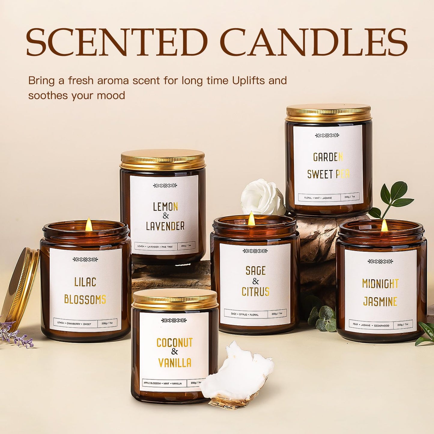 6 Pack Candles for Home Scented, 42oz Amber Jar Candles Gifts for Women, 330 Hour Clean Burning Time, Natural Soy Wax and Wicks, Aromatherapy Candles Gift Set for Women, Ideal Holiday Gift