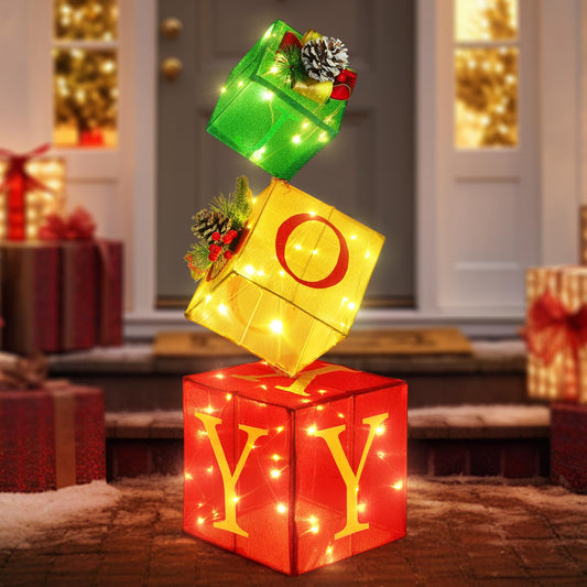 COVFEVER Christmas Joy Lighted Gift Boxes Decorations Set of 3, 2.8Ft Stackable Christmas Nesting Boxes Battery Operated for Home and Party Decoration