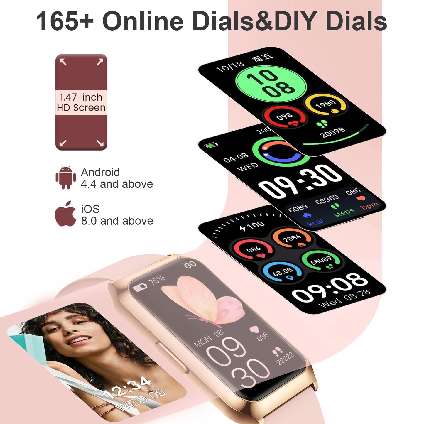 GADIXY Fitness Tracker,Smart Watch 7 Day+ Battery with 24/7 Heart Rate/Step/Calories,Activity Tracker,Aluminium Case,Blood Oxygen Sleep Monitor,IP68 Fitness Watches for Women Android&iOS Gold+Pink