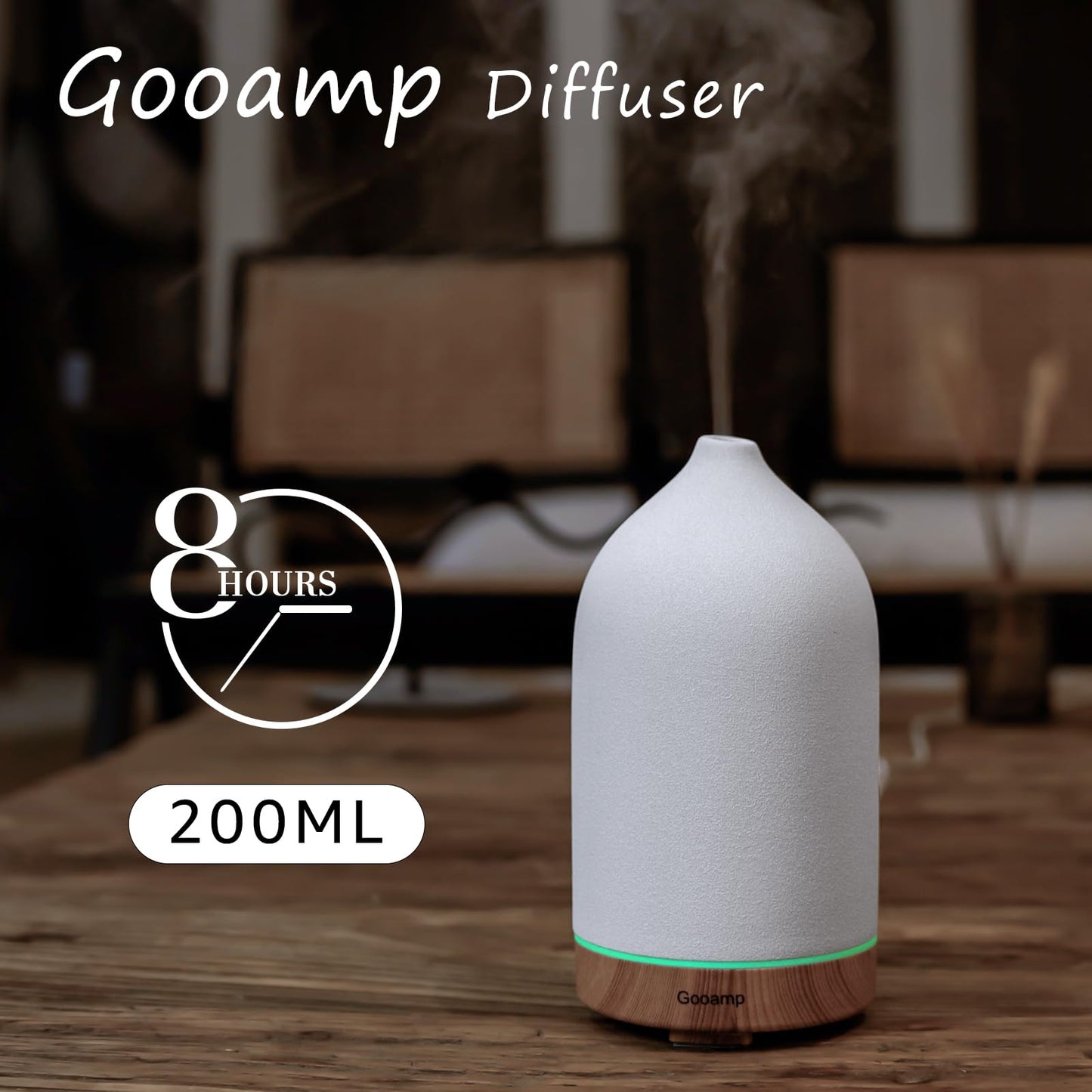 Gooamp 200ML Ceramic Essential Oil Diffuser - Ultrasonic Aromatherapy & Humidifier with 7-Color LED Lights, Auto Shut-Off, Wood Grain Base, 1H/3H/6H Timer | Scent for Home, Office, Yoga