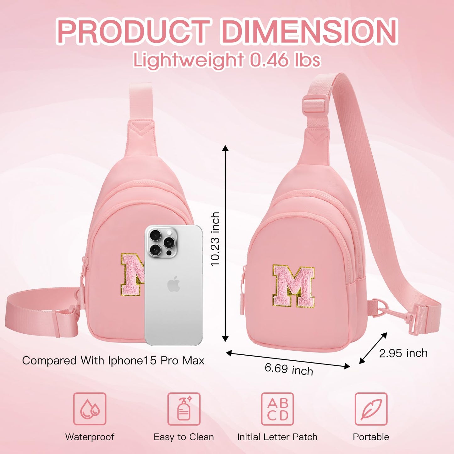 Viverte Gifts for Teen Girls 9-16 Year Olds - Personalized Preppy Initial Sling Bag (Light Pink-M)
