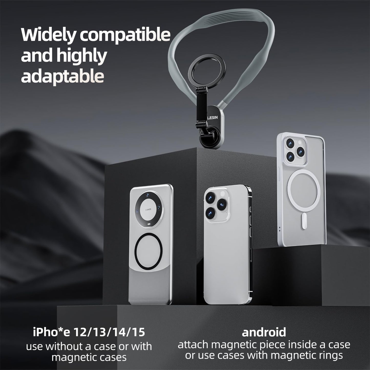 TELESIN Magnetic Neck Mount for Phones, Neck Cell Phone Holder POV/Vlog Selfie Mount Hand Free Phone Neck Holder Chest Stand Strap Video Recording for iPhone 16 15 14 13 12 Seires Android Phones Gray