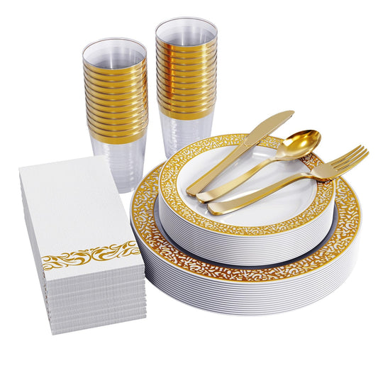 FOCUSLINE 175 Ct Gold Dinnerware Set for 25 Guests, White Plastic Plates with Gold Lace Rim Design, Including 25 Disposable Dinner & Dessert Plates, Cups, Napkins, Cutlery Set
