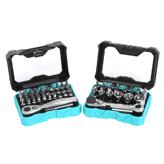 DURATECH 56-Piece 1/4" Mini Ratchet Wrench and Screwdriver Bit Set, 2-in-1, 72-Tooth and 60-Tooth with Bit Socket Set, Storage Cases Included