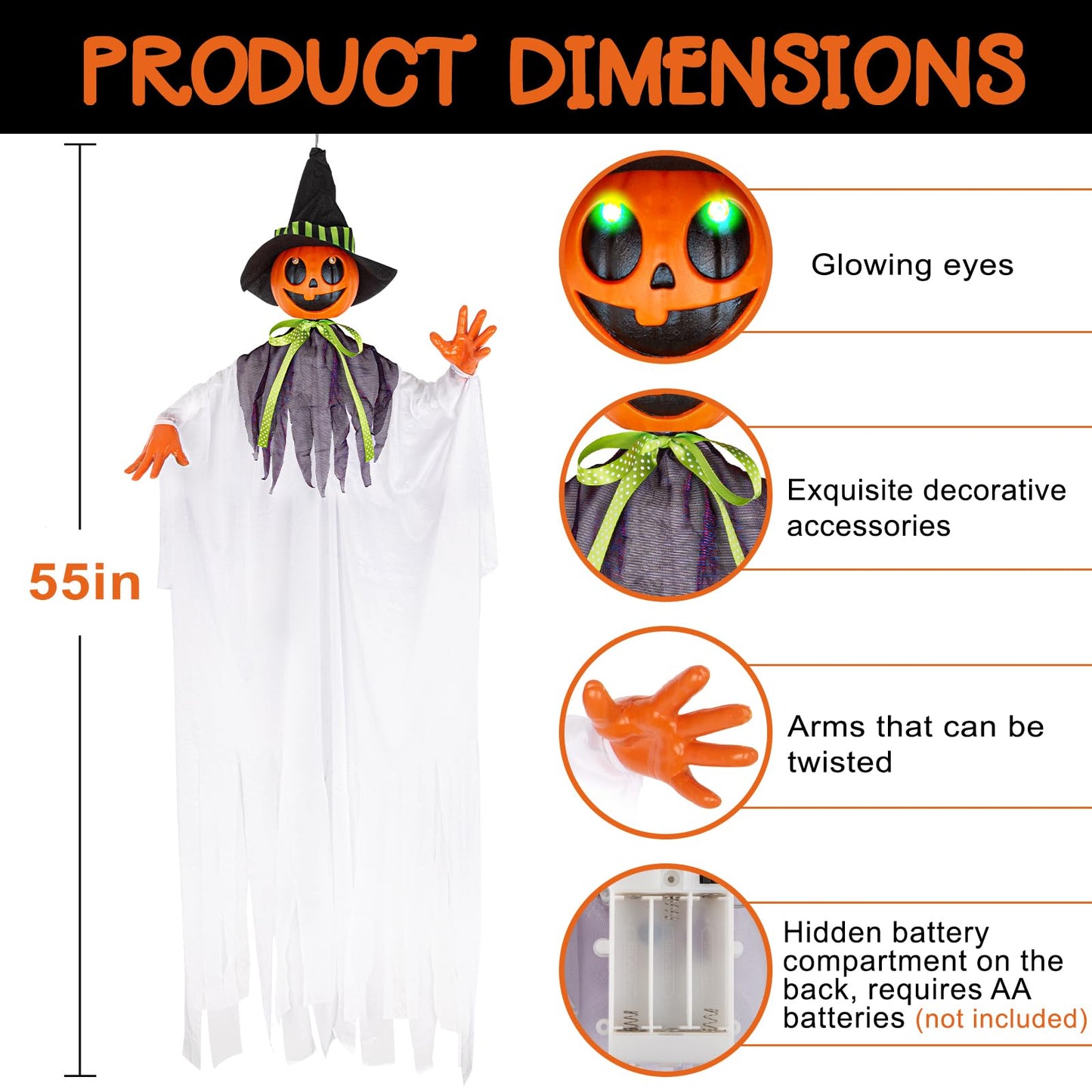 55” Halloween Hanging Animatronics Ghost Pumpkin with LED Lights, Sound & Motion Activated and Shaking Arms - Perfect for Halloween Haunted House Prop Décor, Indoor/Outdoor Display, Lawn, Party