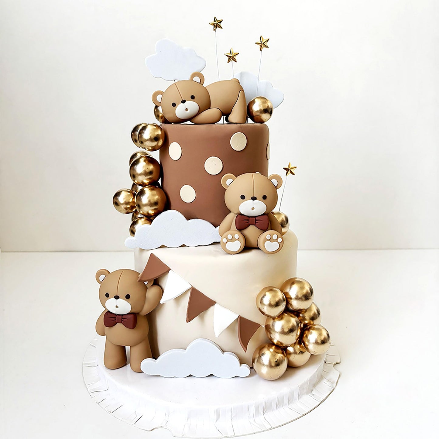 JeVenis Luxury Beige Brown Bear Cake Decoration Beige Brown Balls Cake Topper Boho Bears Cake Cake Decoration Baby Shower Birthday Cake Decoration