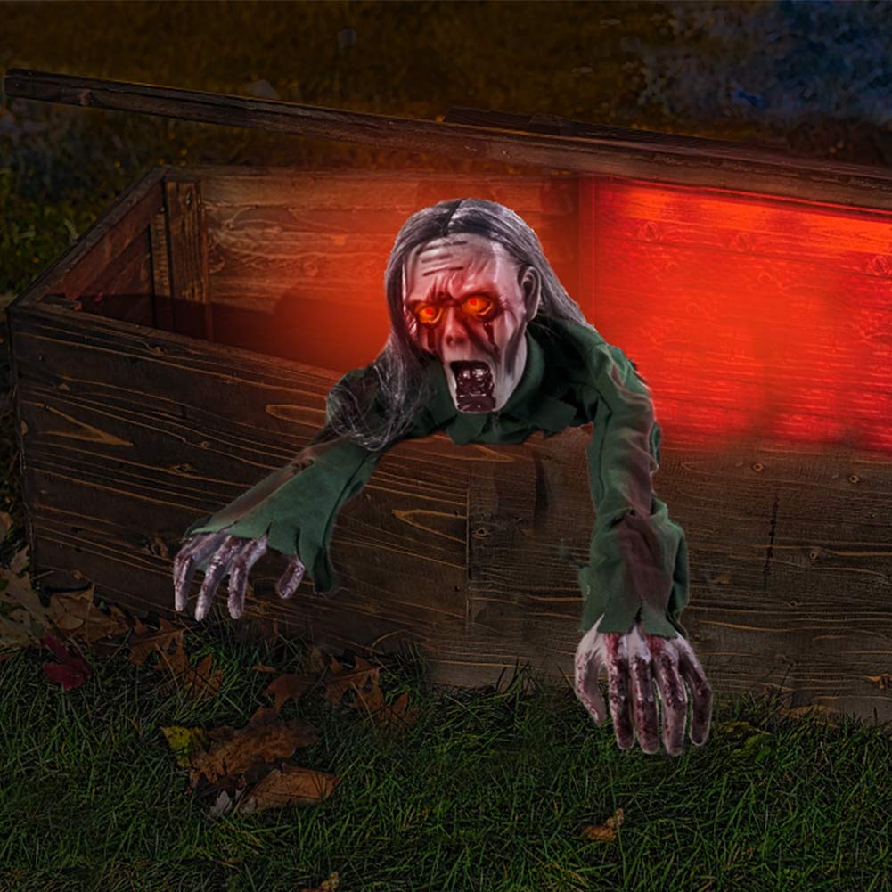 Joliyoou Halloween Decoration, 43.3-Inch Touch & Voice Activated Crawling Zombie, Scary Groundbreak Animated Halloween Zombie Prop for Halloween Outdoor Decor