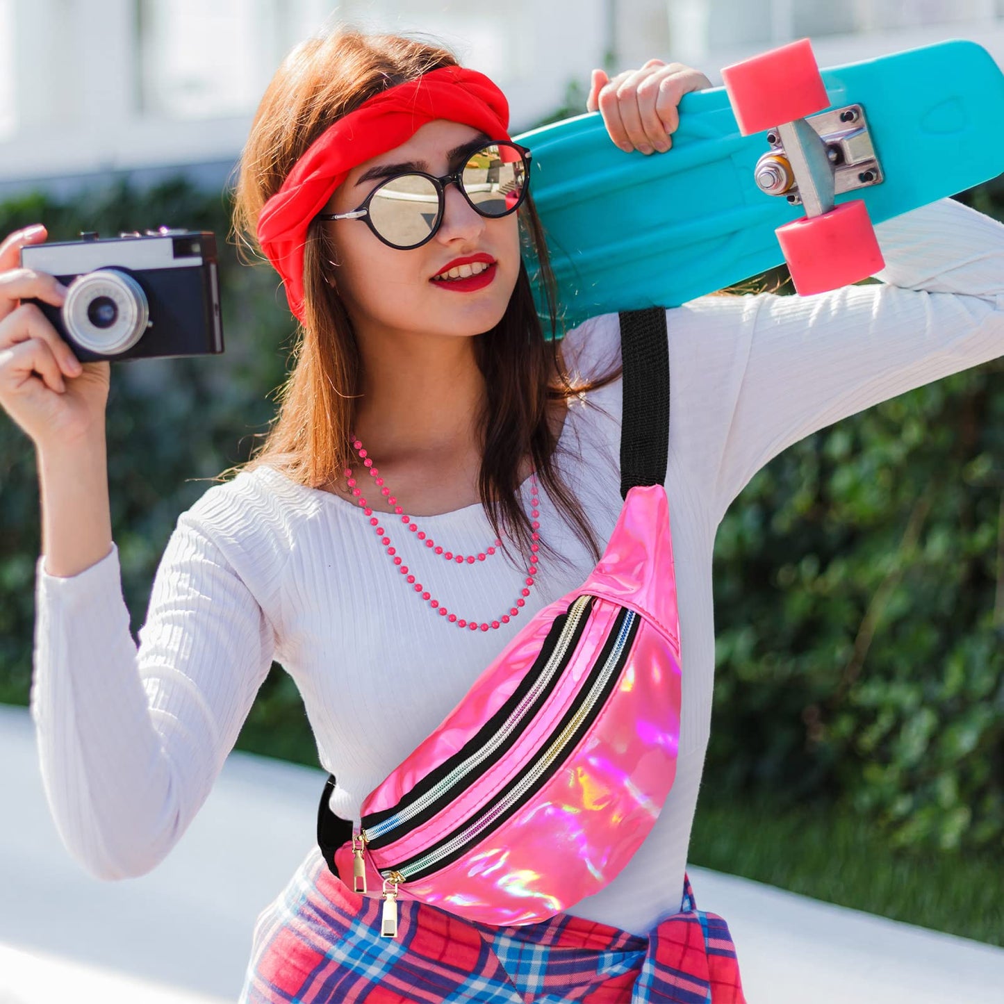 Handepo 19 Pcs 80s Costume Accessories Holographic Fanny Pack Leg Warmers Lace Headband Earrings Gloves Necklace Bracelet (Rose Red)