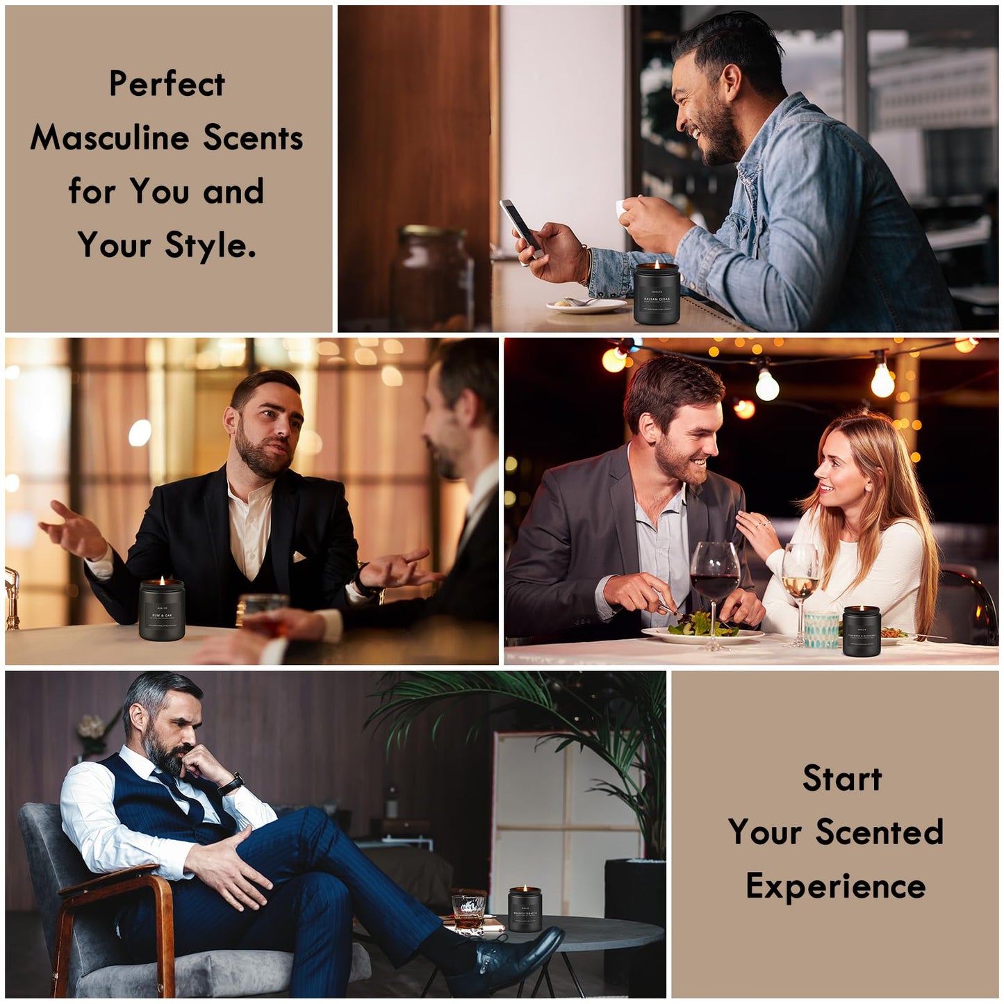 Scented Candles Set | Candle Gifts for Men - Masculine Candle, Soy Candles for Home Scented - 4 Pack Aromatherapy Gift for Dad Fathers Day- Scent of Teakwood & Mahogany/Whiskey Tobacco/Rum & Oak/Cedar