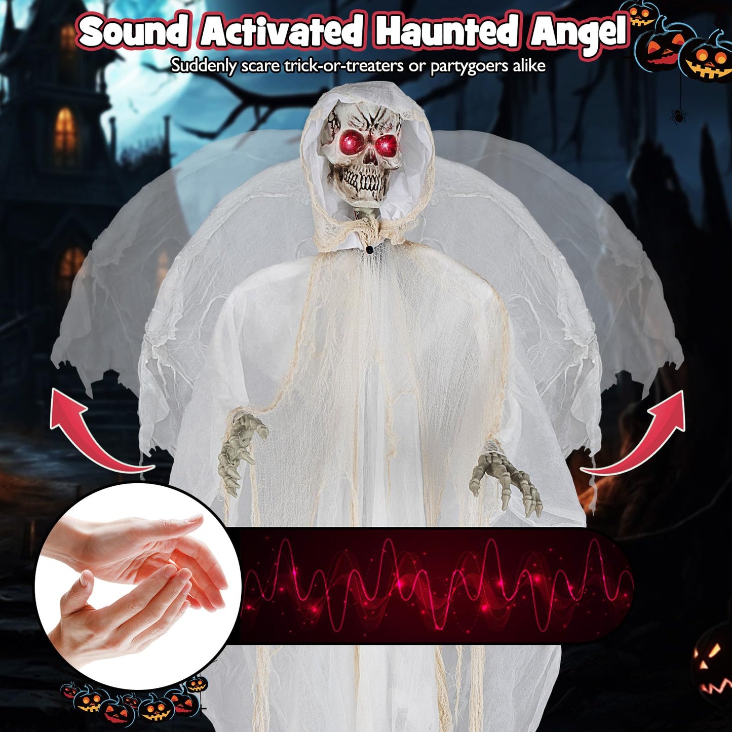 Tangkula 8.3 ft Halloween Standing Haunted Angel, Voice Activated Animatronic Ghost w/Lighted Eyes, Automatic Wing Movement & Terrifying Sounds, Holiday Skeleton Angel Decoration for Indoor Outdoor