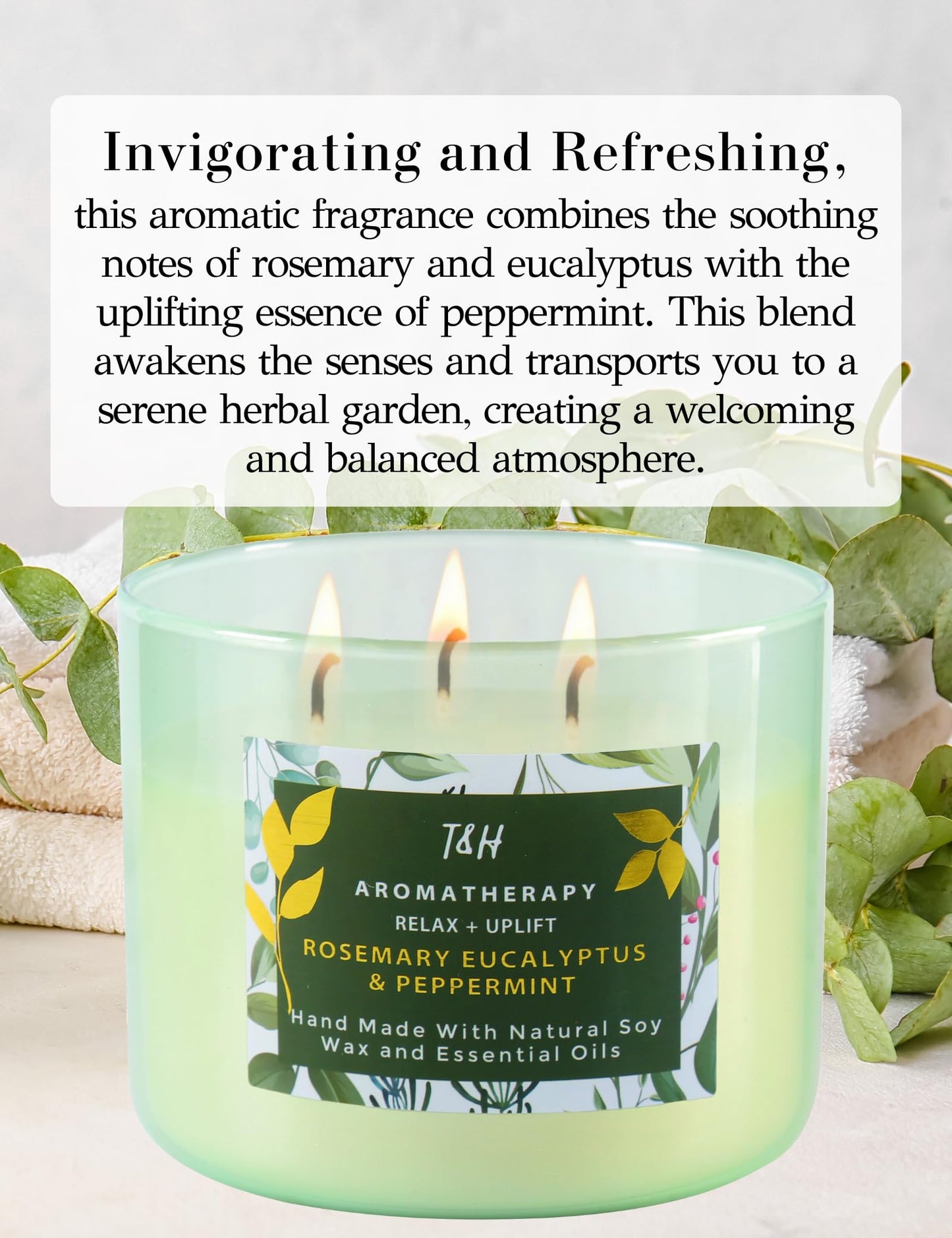 Rosemary Eucalyptus Peppermint Candle | Highly Scented Large 3 Wick Soy Candle 15.8 oz | Uplifting Eucalyptus Mint Scented Candles for Home | Aromatherapy Stress Relief Spa Candles for Men & Women