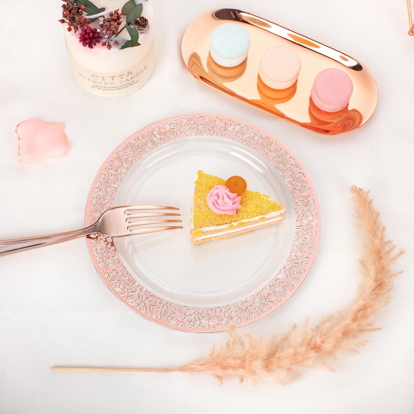 I00000 72 Pcs Rose Gold Dessert Plates 7.5" & 72 Pcs Disposable Forks 7.4", Lace Design Plastic Salad Plate, Plastic Appetizer Plate for all Holidays Perfect for Party & Wedding