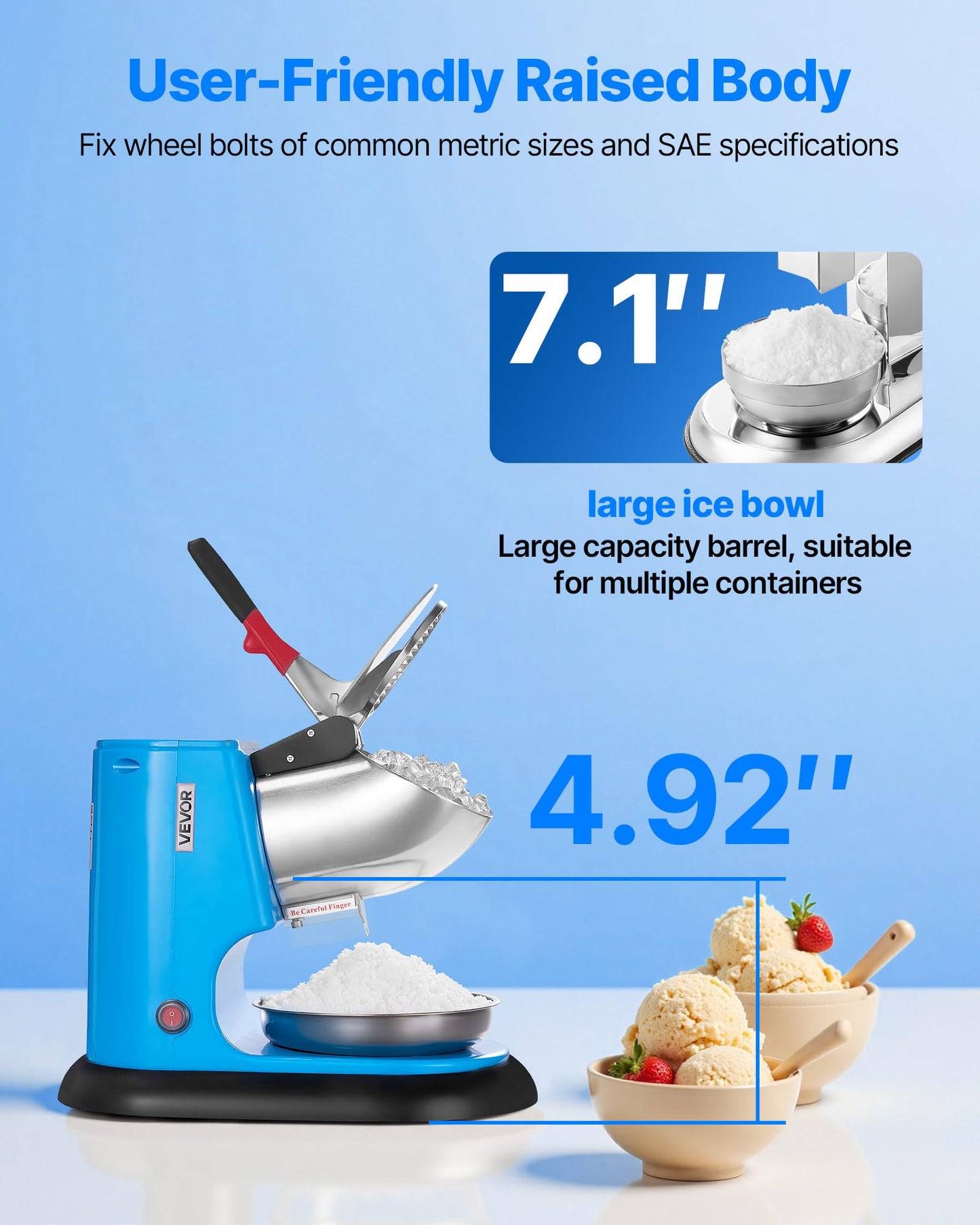 VEVOR Ice Crusher Machine, 220lbs Per Hour Electric 4 Blades Snow Cone Maker, Stainless Steel Shaved Ice Machine with Bowl and Cover, 300W 1400RPM Ice-Shaver for Home and Commercial Use, Blue