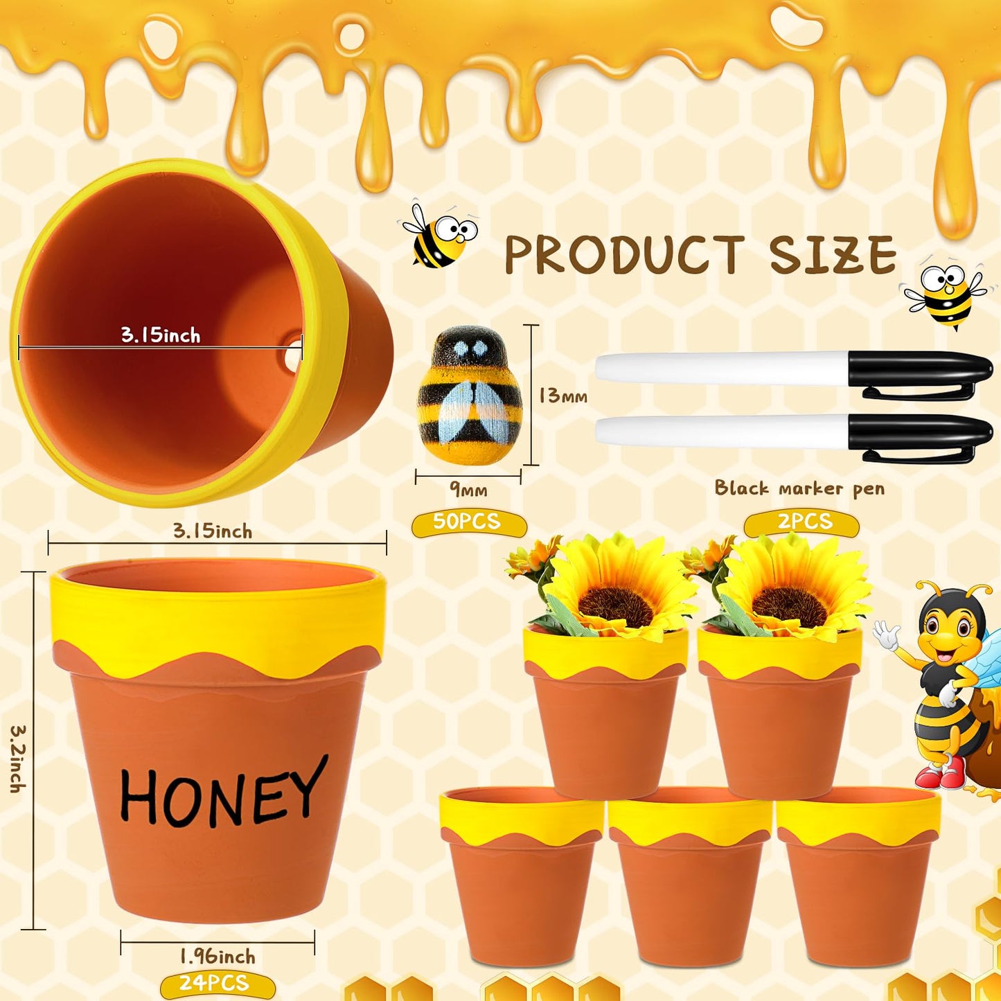 Leinuosen 24 Pcs Honey Bee Pot, 3 Inch Honey Jars for Cupcake, Planter, Bee Themed Party Favors for Baby Shower 1st Birthday Party Supplies and Wedding Gifts (Yellow and Brown)