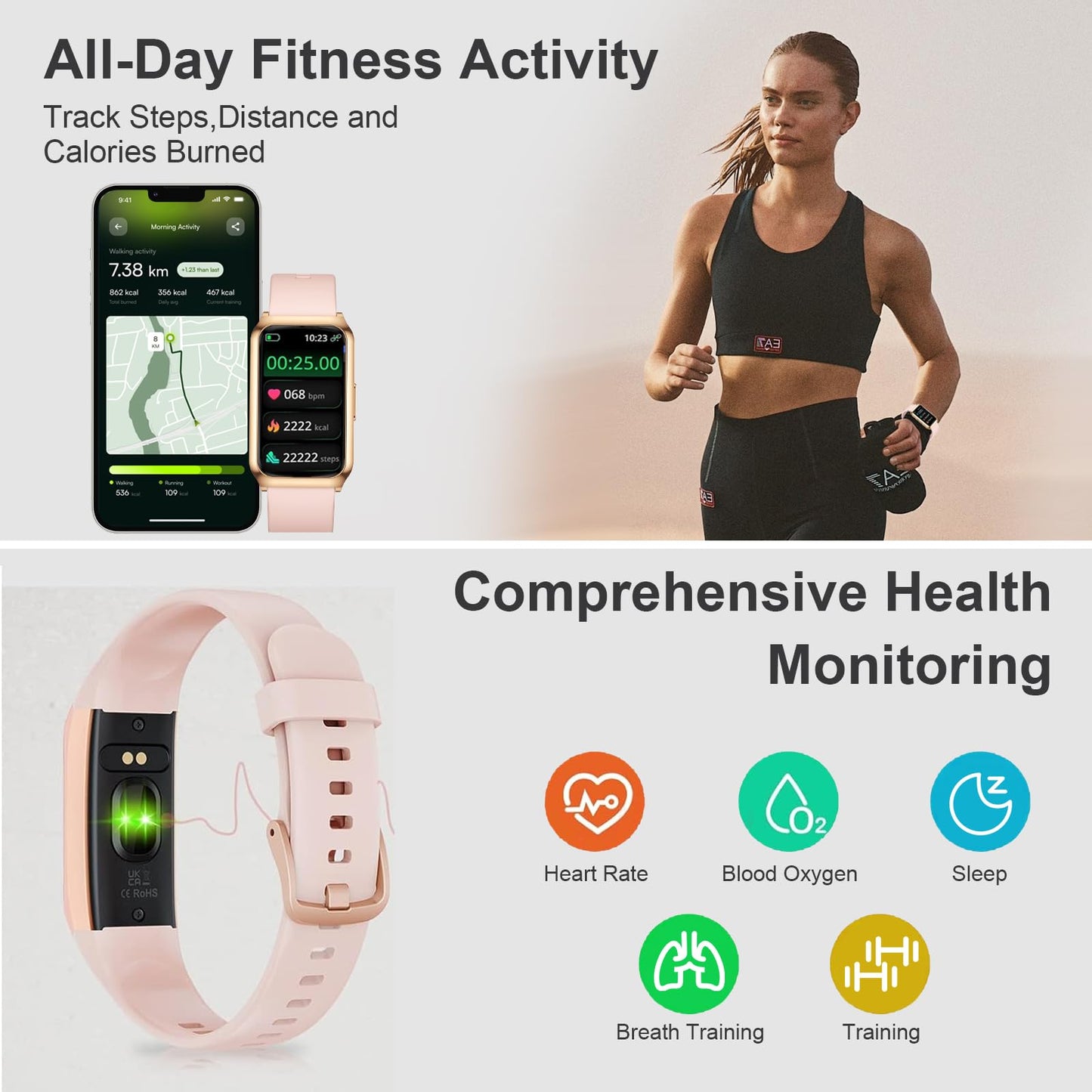 GADIXY Fitness Tracker,Smart Watch 7 Day+ Battery with 24/7 Heart Rate/Step/Calories,Activity Tracker,Aluminium Case,Blood Oxygen Sleep Monitor,IP68 Fitness Watches for Women Android&iOS Gold+Pink