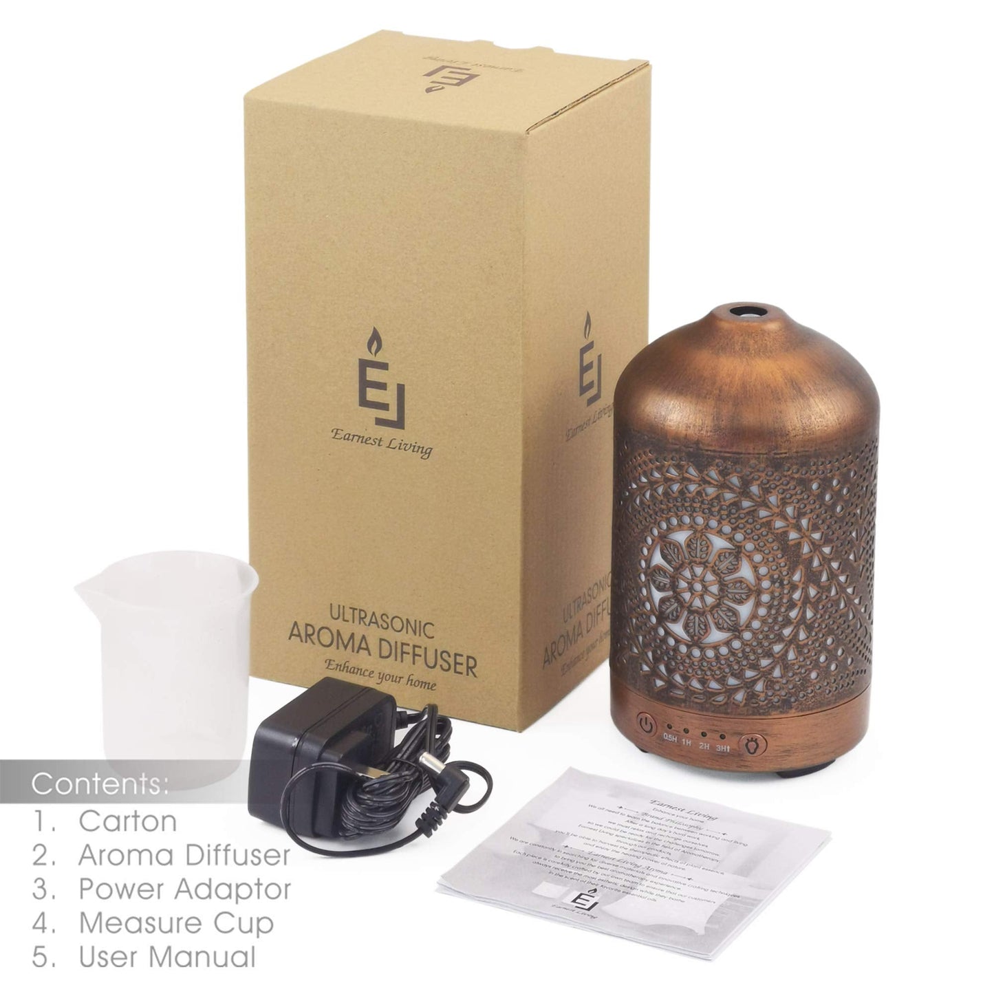 Earnest Living Essential Oil Diffuser Metal Diffuser 100 ml Timers Night Lights and Auto Off Function Home Office Humidifier Aromatherapy Diffusers for Essential Oils Gift