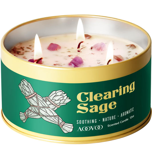 AOOVOO Sage Candle for Cleansing - 3 Wick 12oz Large Scented Candle with Crystals & Sage Leaves Inside, Soy Candles Non Toxic for Meditation Spiritual Gift, Aromatherapy Candle for Women Men