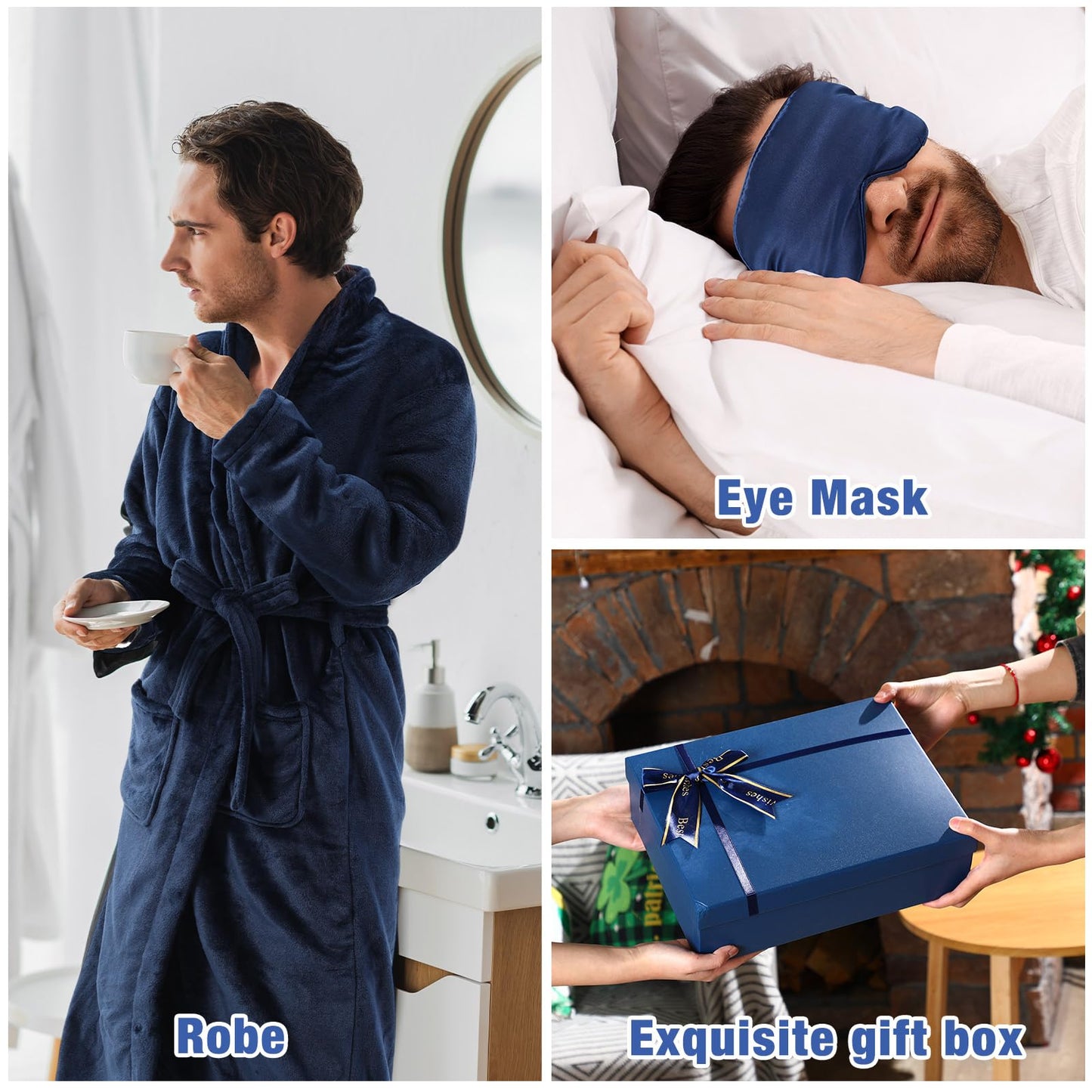 Nuogo 15 Pcs Birthday Gifts for Men Beard Care Set for Him Christmas Gifts Basket Ideas Kit for Men Tumbler Bath Robe for Dad Husband Boyfriend Box Christmas Gifts Baskets(Navy)