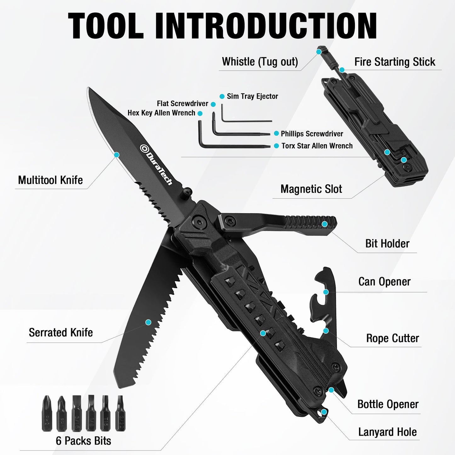 DURATECH 20 in 1 Multitool with Safety Locking, Pocket Tool with Pocket Knife, Screwdriver, Saw, Can Opener, Bottle Opener, Whistle, Fire Starting Sticks, Multi Tool for Outdoor, Hunting, Hiking