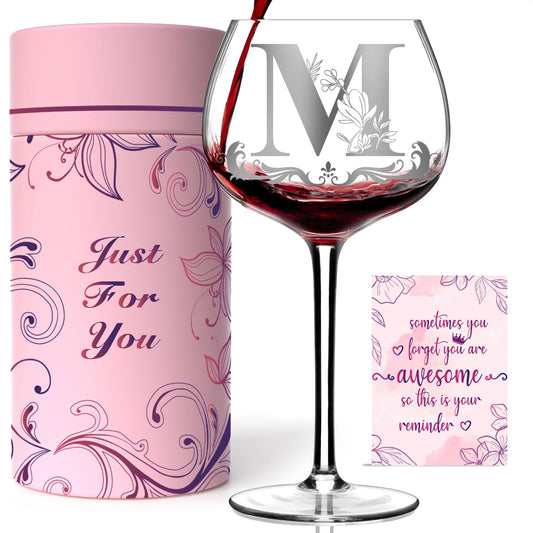 Personalized Monogram Gifts for Women - Customized Initial A-Z Wine Glass, Unique Birthday Christmas Gifts for Her, Mom, Wife, Sister, Daughter, Friend (Letter M)