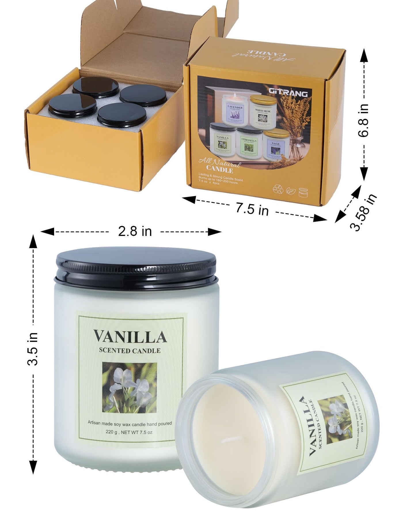 GITRANG 4 Pack Vanilla Candle Set, 30 oz 200 Hour Home Aromatherapy Jar Candles, Long Lasting Aromatherapy Candles for Bedrooms Yoga Rooms Lounges Gardens Patios Balconies and Camping