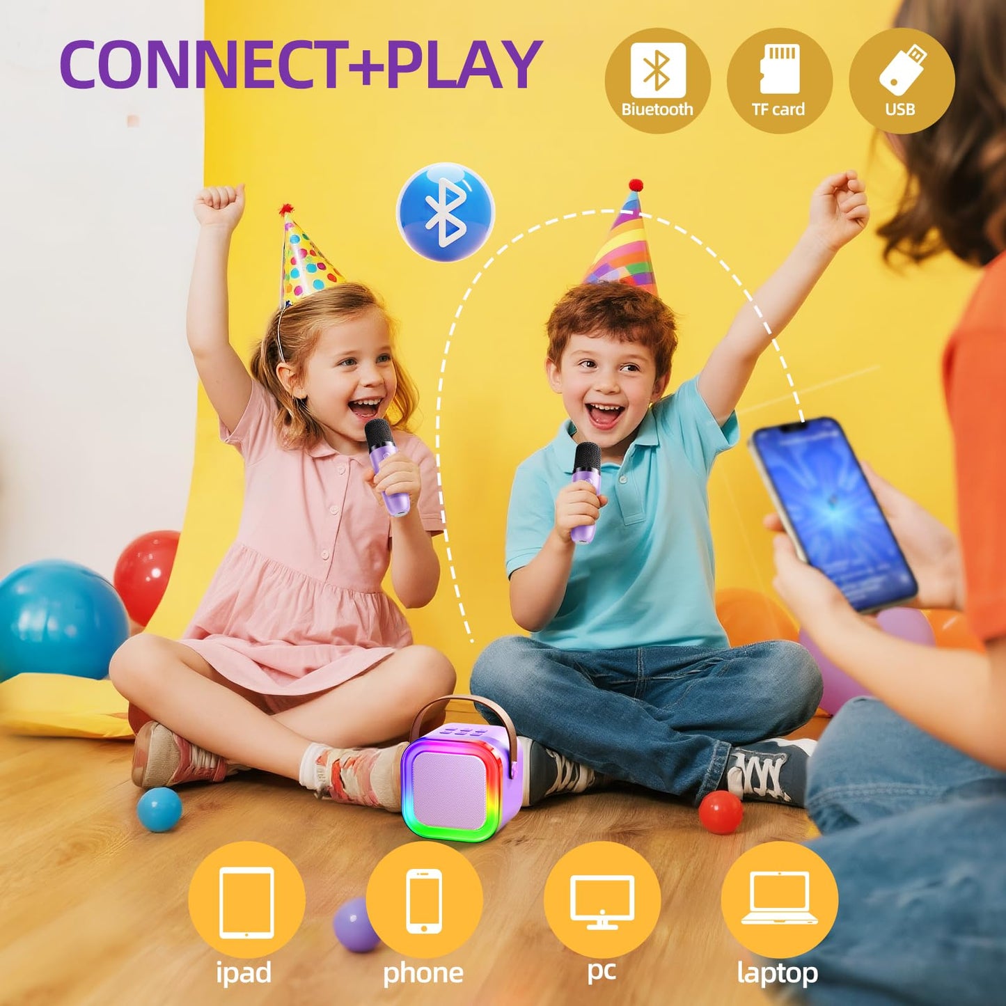 Kinglucky Mini Karaoke Machine for Kids, 2025 TOP Birthday Gifts Ideas for 3-12 Year Old Girls, Christmas Party Gifts Kids' Personal Video Players Accessories with 2 Wireless Microphones - Purple