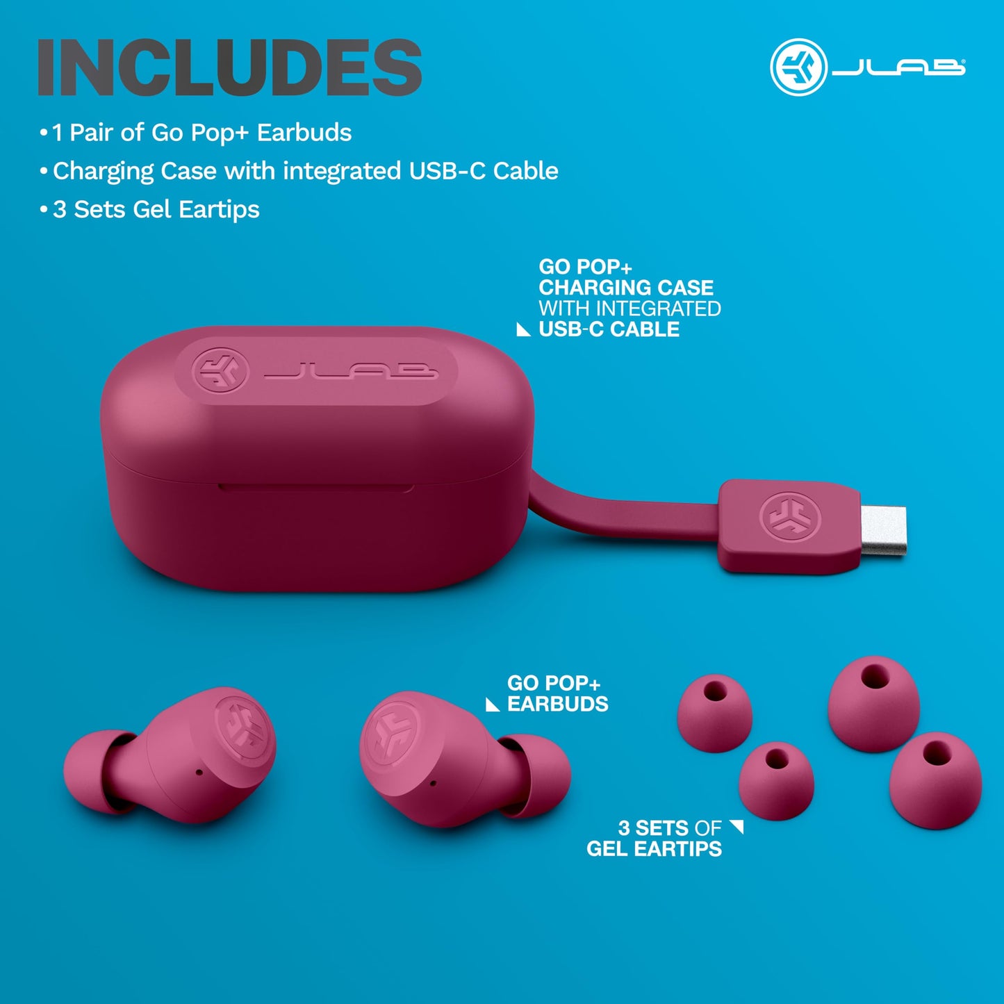 JLab Go Air Pop+ True Wireless Earbuds, in Ear Headphones, Bluetooth Earphones, 35H Playtime Ear Buds, Bluetooth Earbuds with Microphone, USB-C Charging Case, Dual Connect, EQ3 Sound, Dark Pink